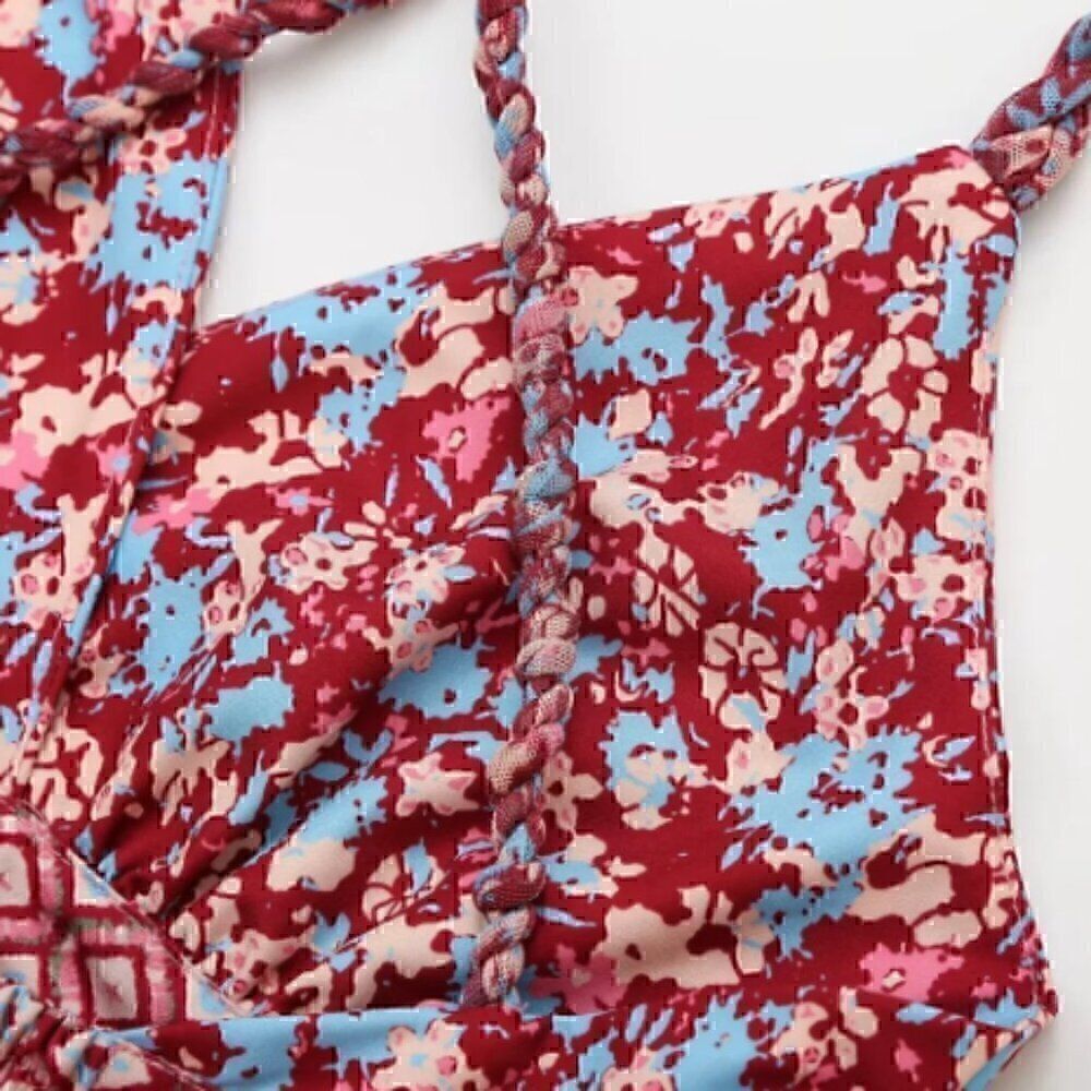 Floral Burgundy Crossback Strap Plunge Tier Ruffle Layer Vintage Maxi Dress L - Picture 7 of 16